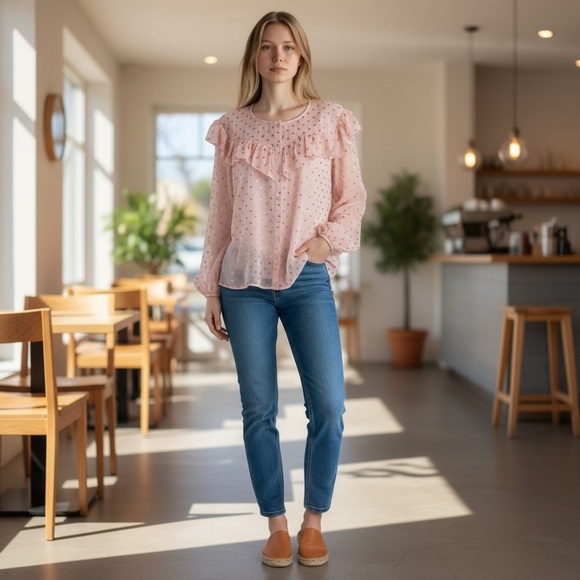 LC Lauren Conrad Tops - LC Lauren Conrad Blush Pink Metallic Polka Dot Ruffle Blouse Size Large